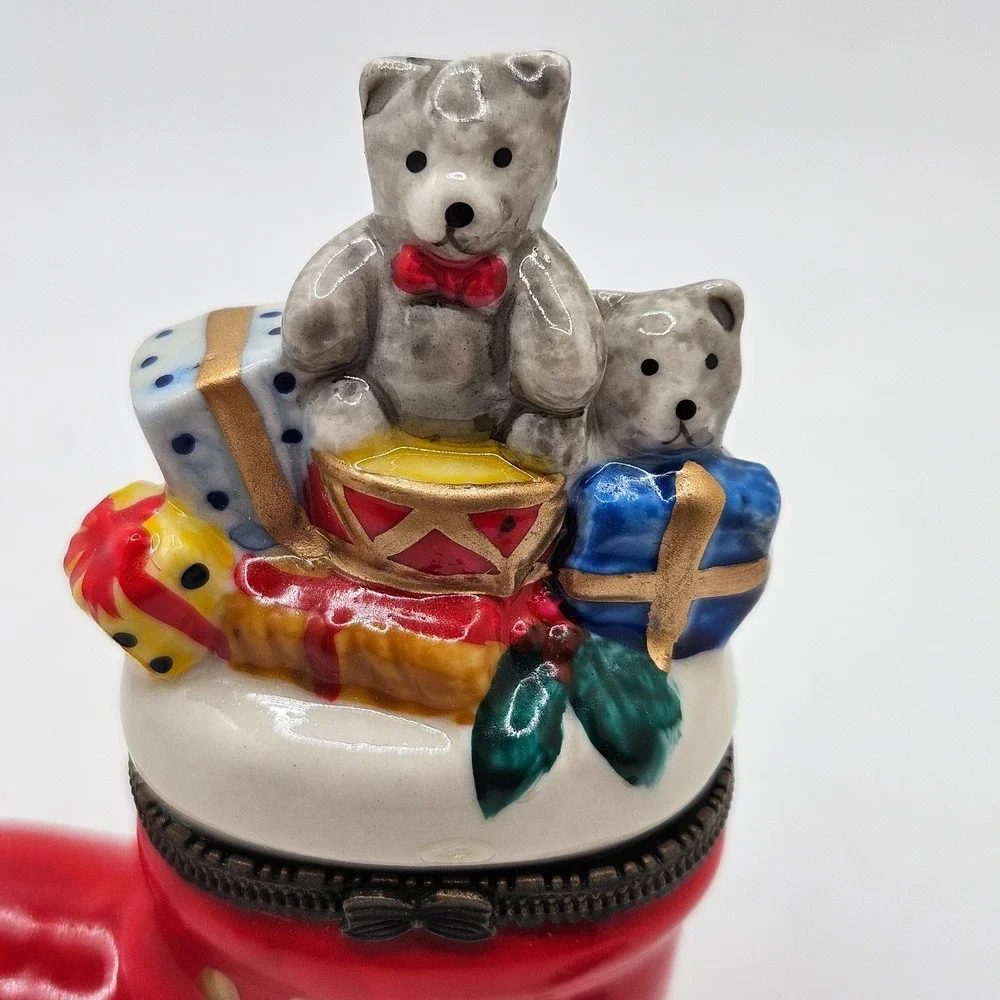 VTG Christmas Stocking Trinket Box Teddy Bears Gifts Hinged Ceramic Mini Present